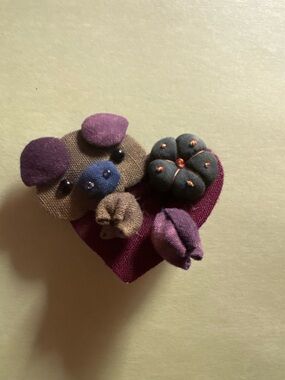 Plush Heart brooch with Purple and Brown Fabric Accents